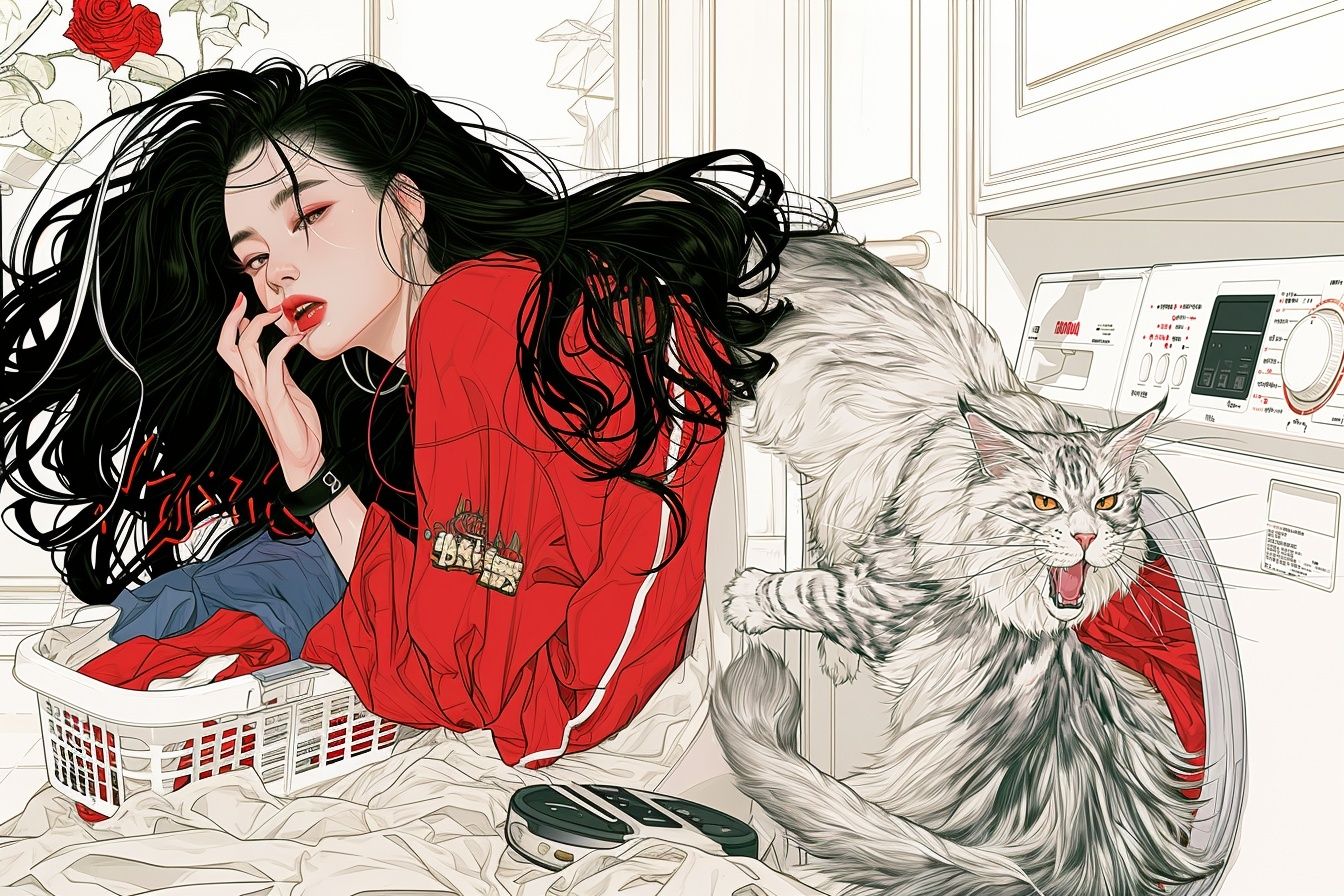 Cat and Woman Laundry Room Illustration Poster. poster detail