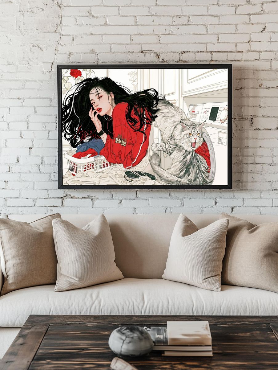 Cat and Woman Laundry Room Illustration Poster. room preview