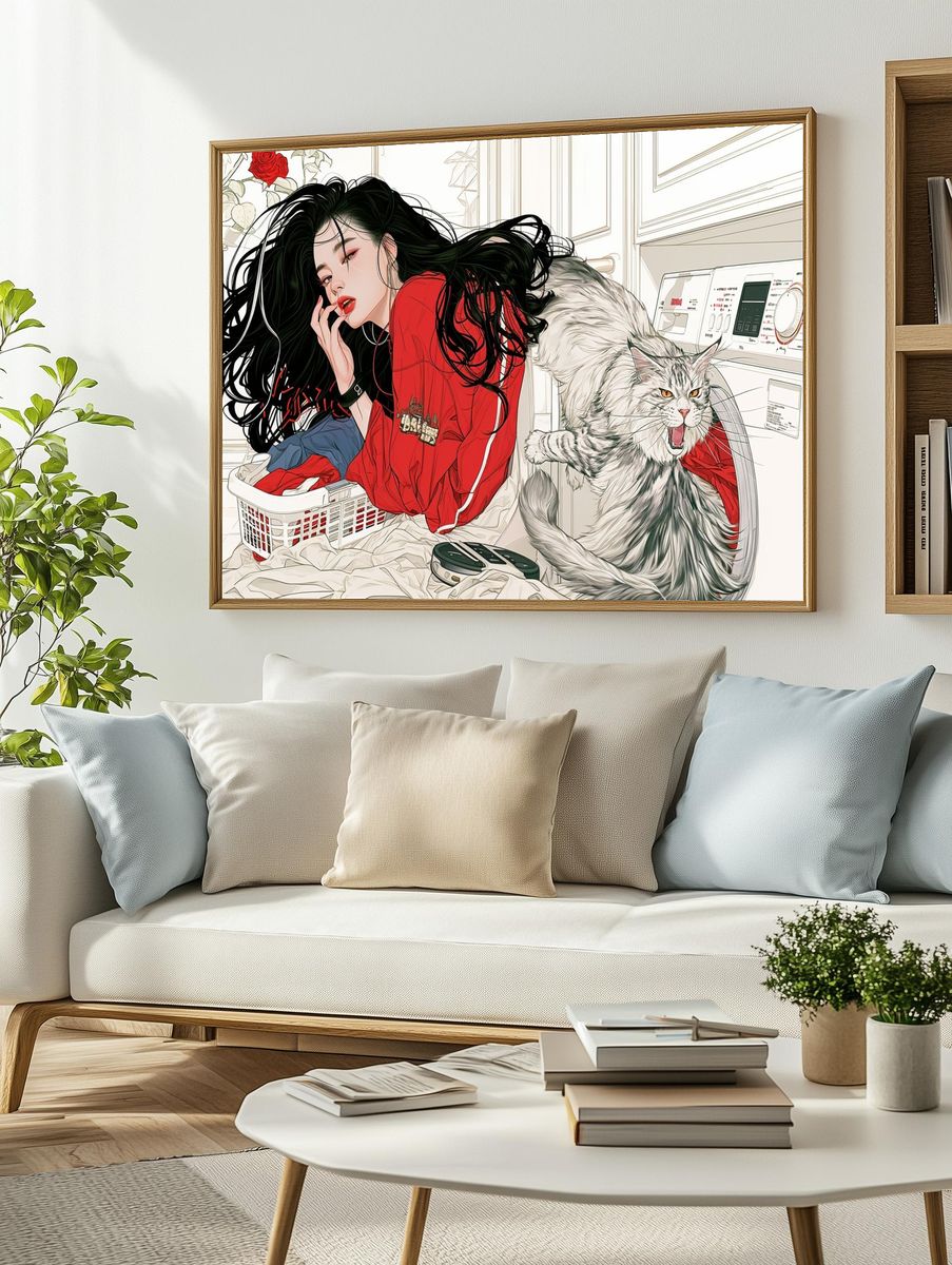 Cat and Woman Laundry Room Illustration Poster. — room view 2