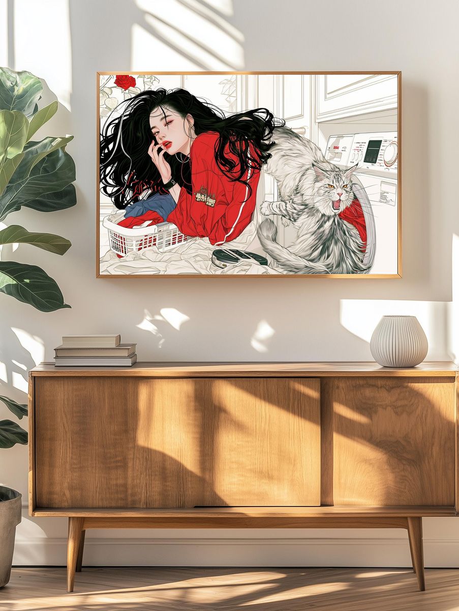 Cat and Woman Laundry Room Illustration Poster. — room view 3