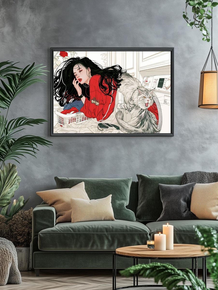 Cat and Woman Laundry Room Illustration Poster. — room view 4