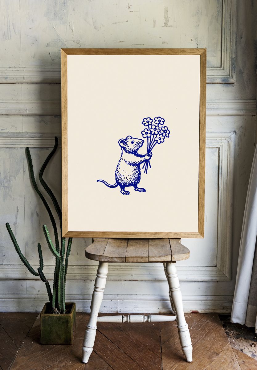Mouse with Flowers Illustration Poster. — room view 1
