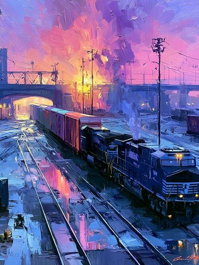 Sunset Freight Yard Illustration Poster.
