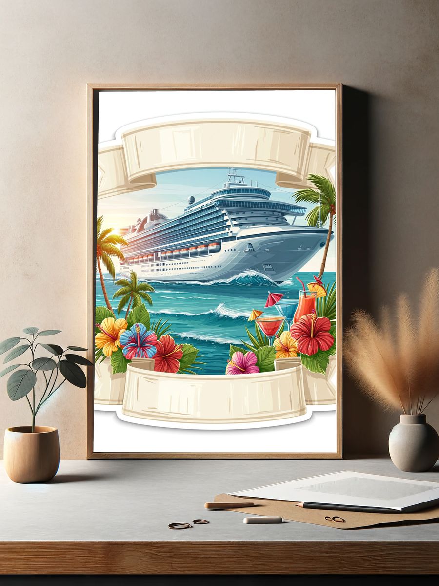 Cruise Ship Tropical Illustration Poster. — room view 2