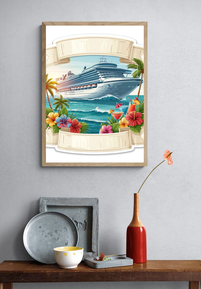Cruise Ship Tropical Illustration Poster. — room view 3