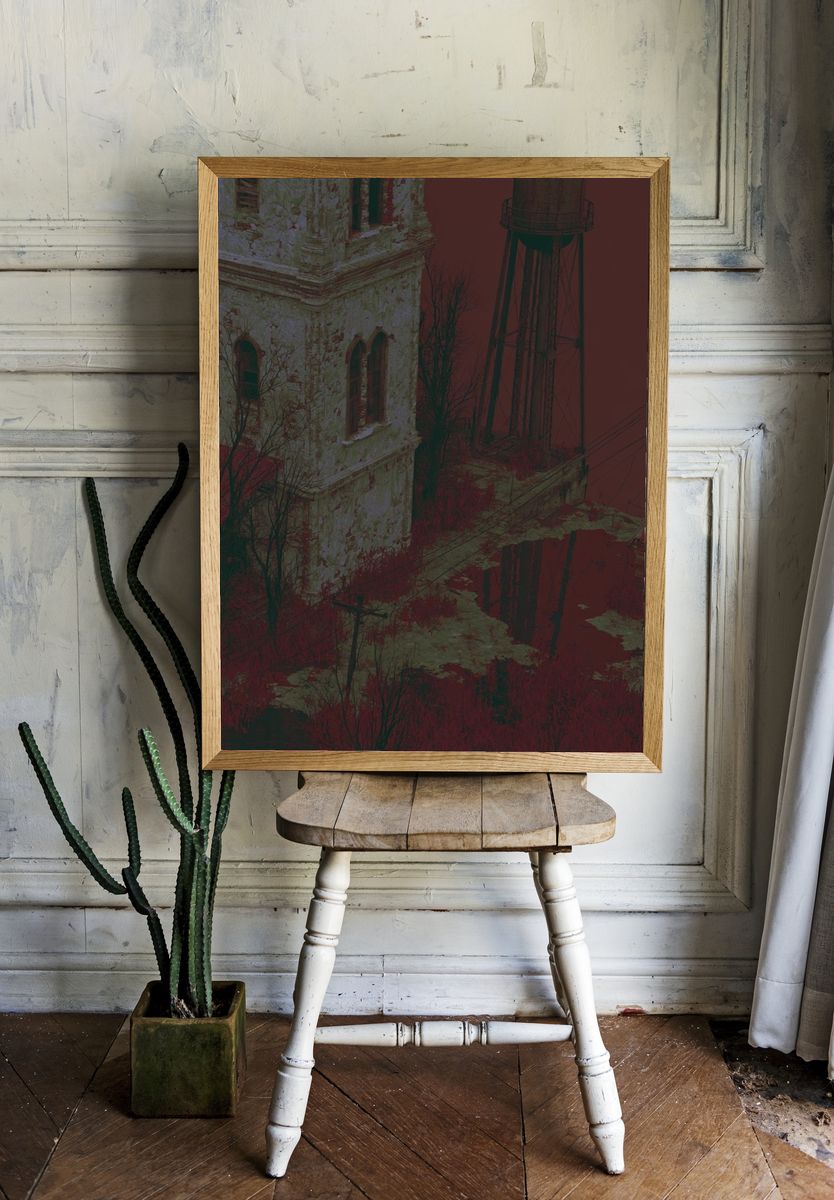 Abandoned Water Tower Landscape Print. room preview