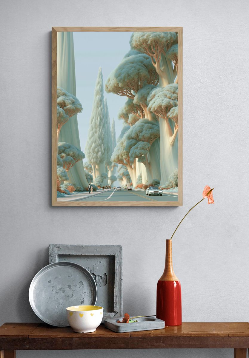Dreamy Tree Avenue Illustration Print. — room view 3