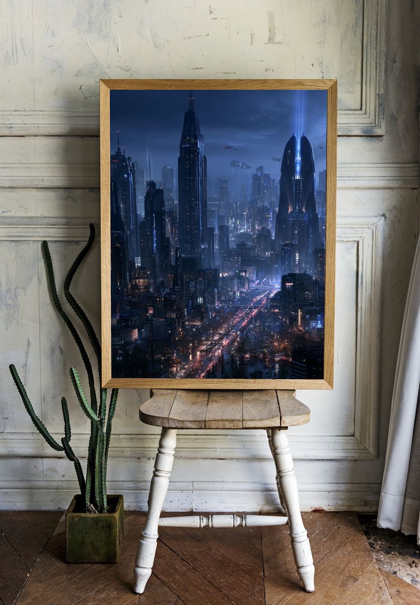 Futuristic Neon Cityscape Poster. room preview