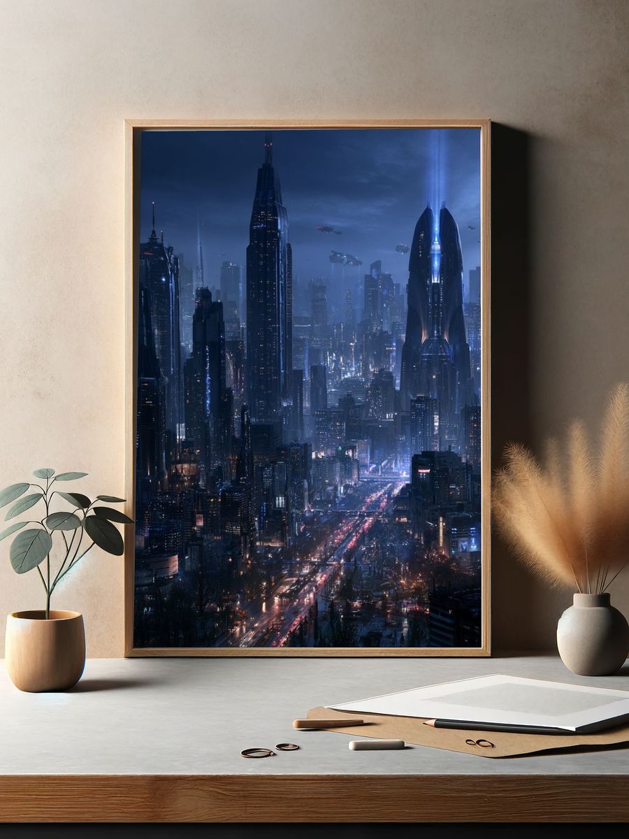 Futuristic Neon Cityscape Poster. — room view 2