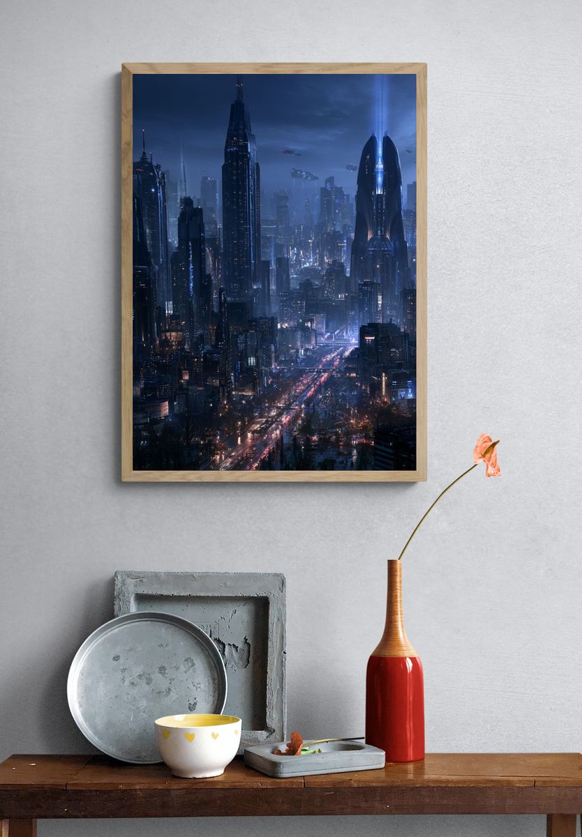 Futuristic Neon Cityscape Poster. — room view 3