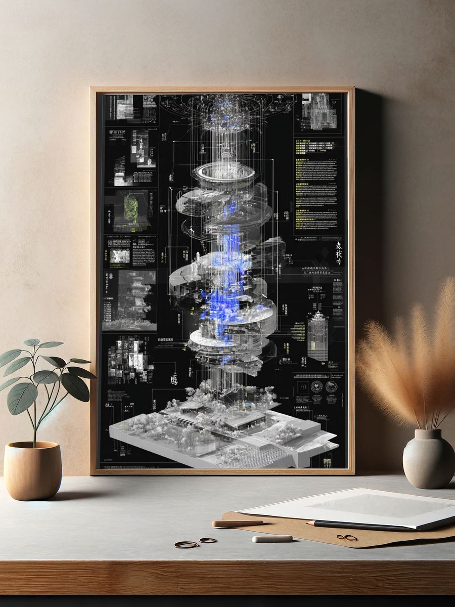 Futuristic Architectural Blueprint Poster. — room view 2
