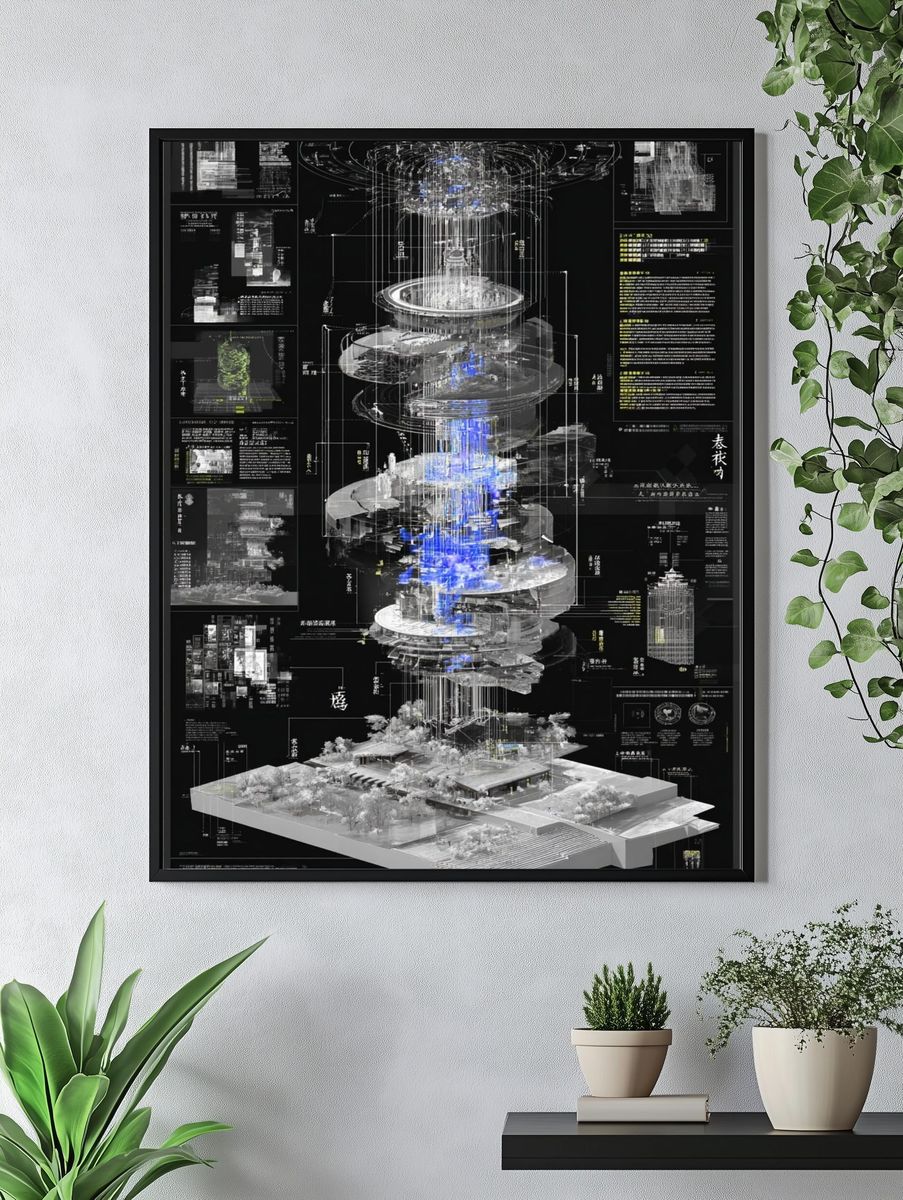 Futuristic Architectural Blueprint Poster. — room view 4