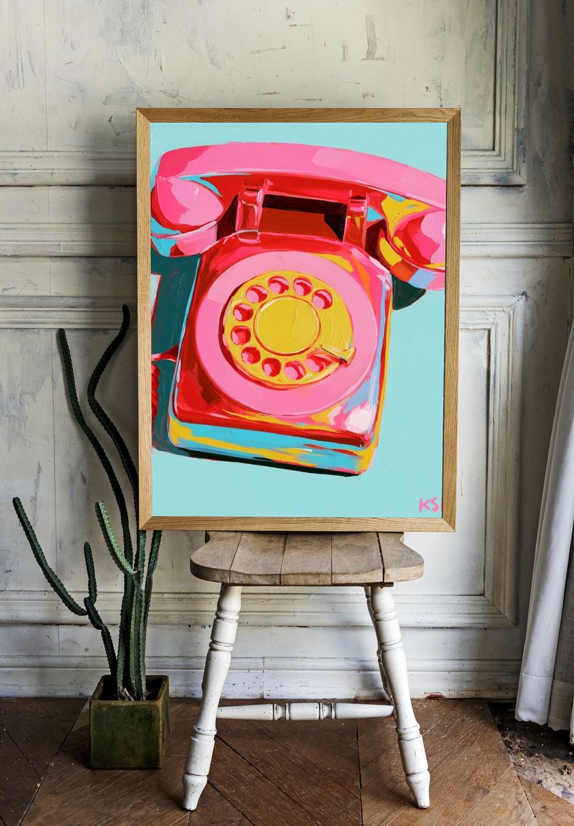 Retro Pink Telephone Pop Art Print. room preview