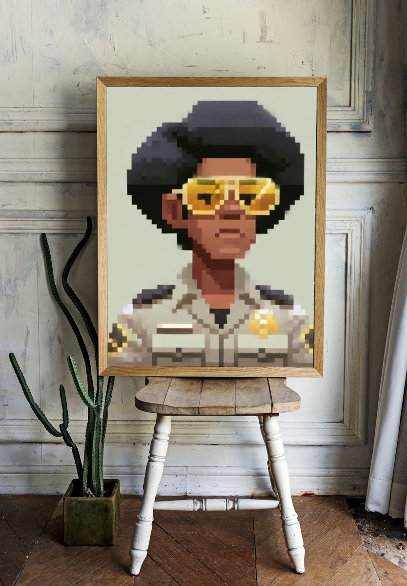 Pixel Portrait in Yellow Glasses Poster. room preview
