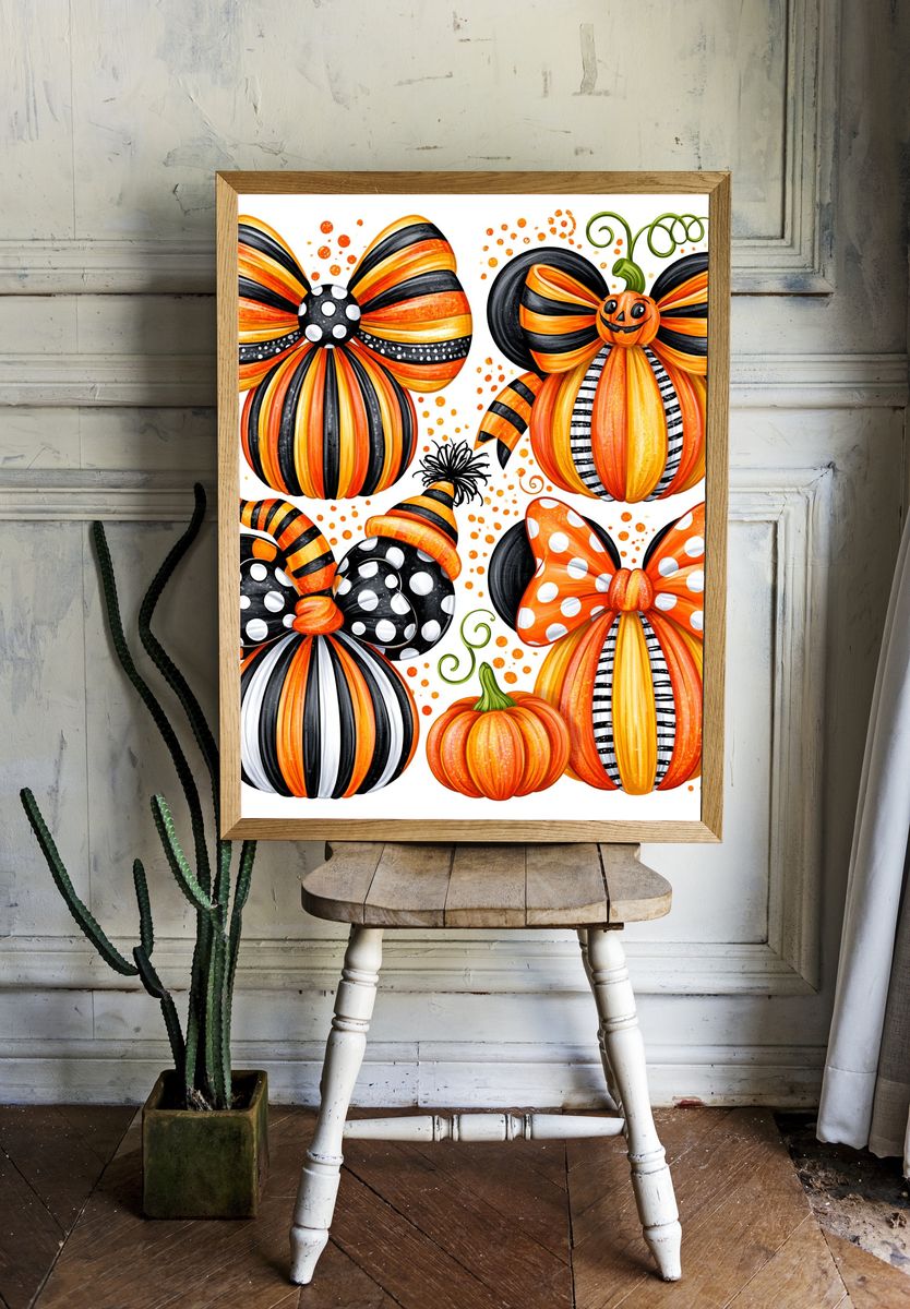 Halloween Pumpkin Bows Illustration Poster. room preview