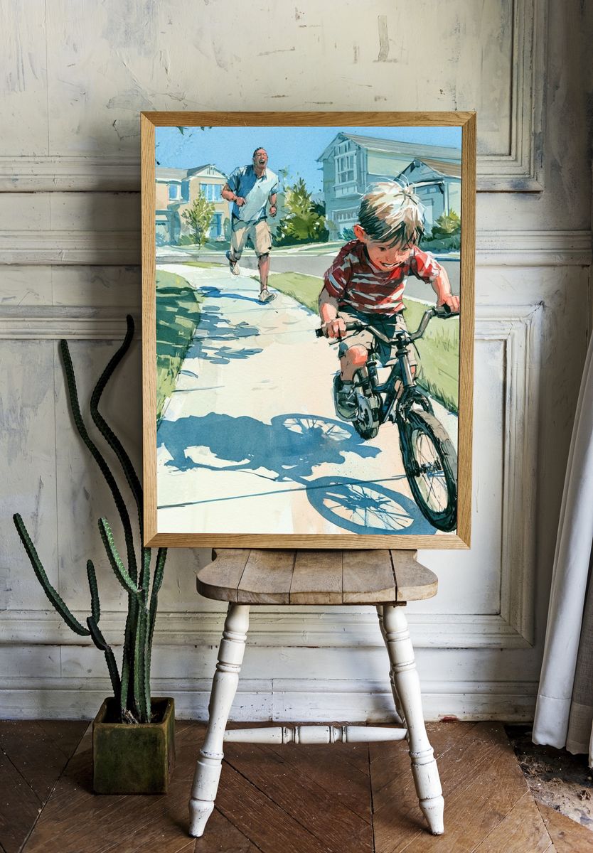 Boy Riding Bike Watercolor Poster. — room view 1
