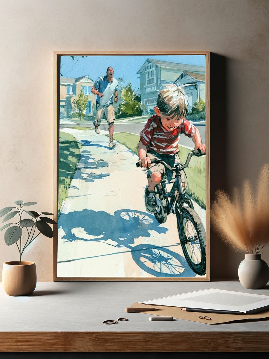 Boy Riding Bike Watercolor Poster. — room view 2