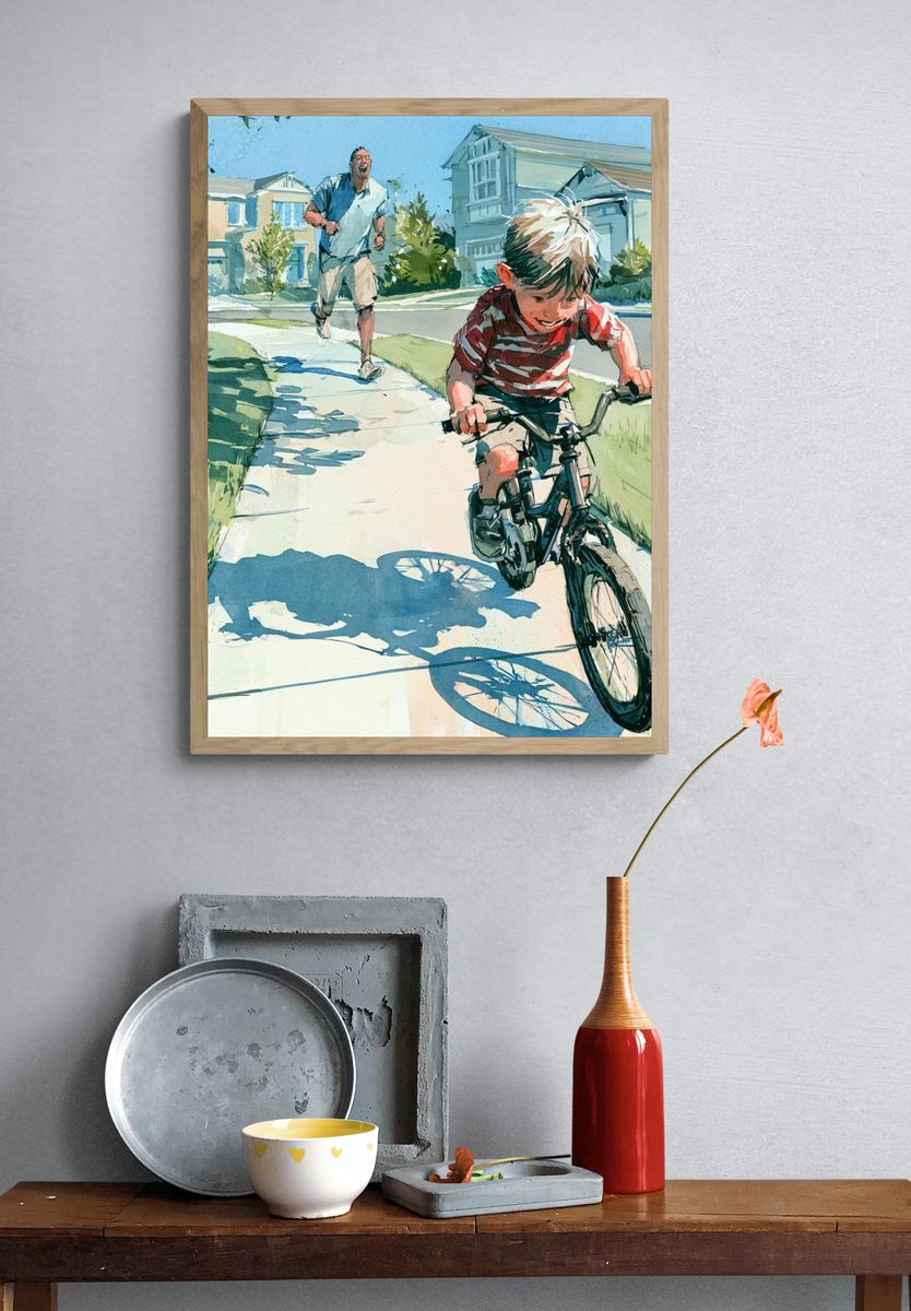 Boy Riding Bike Watercolor Poster. — room view 3