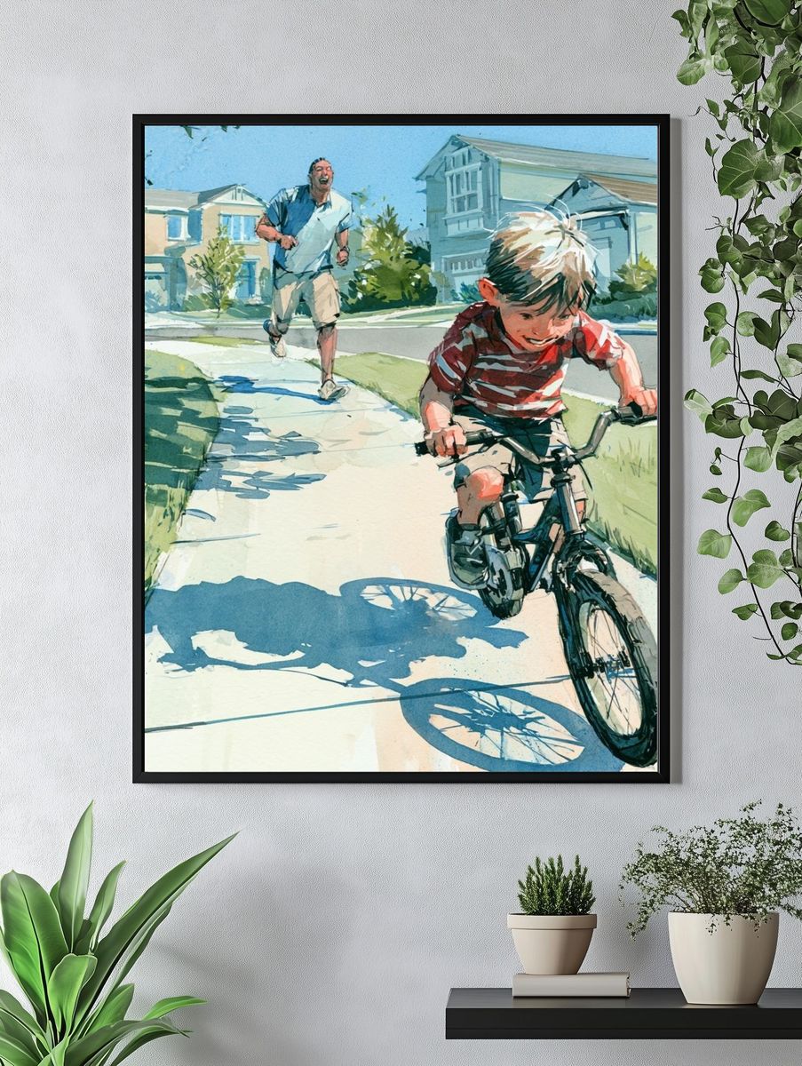 Boy Riding Bike Watercolor Poster. — room view 4