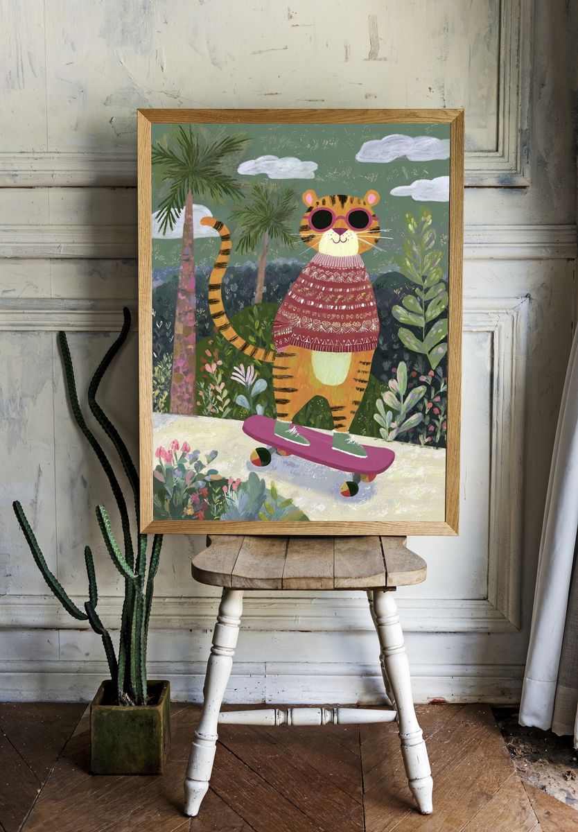 Skateboarding Tiger Illustration Poster. — room view 1