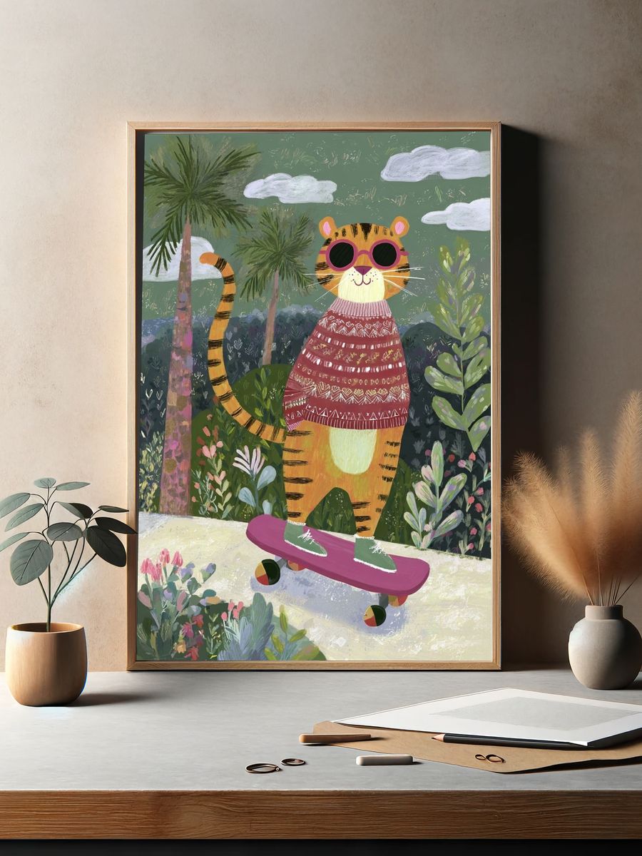 Skateboarding Tiger Illustration Poster. — room view 2
