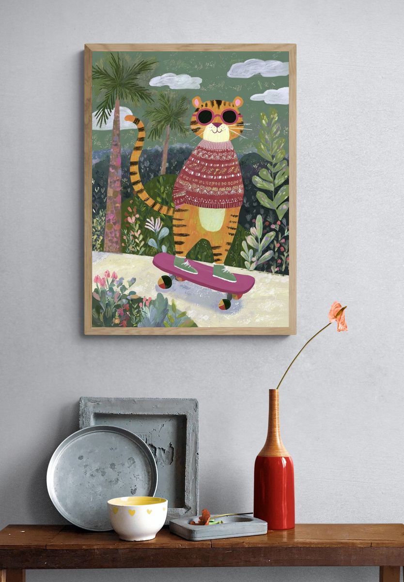 Skateboarding Tiger Illustration Poster. — room view 3