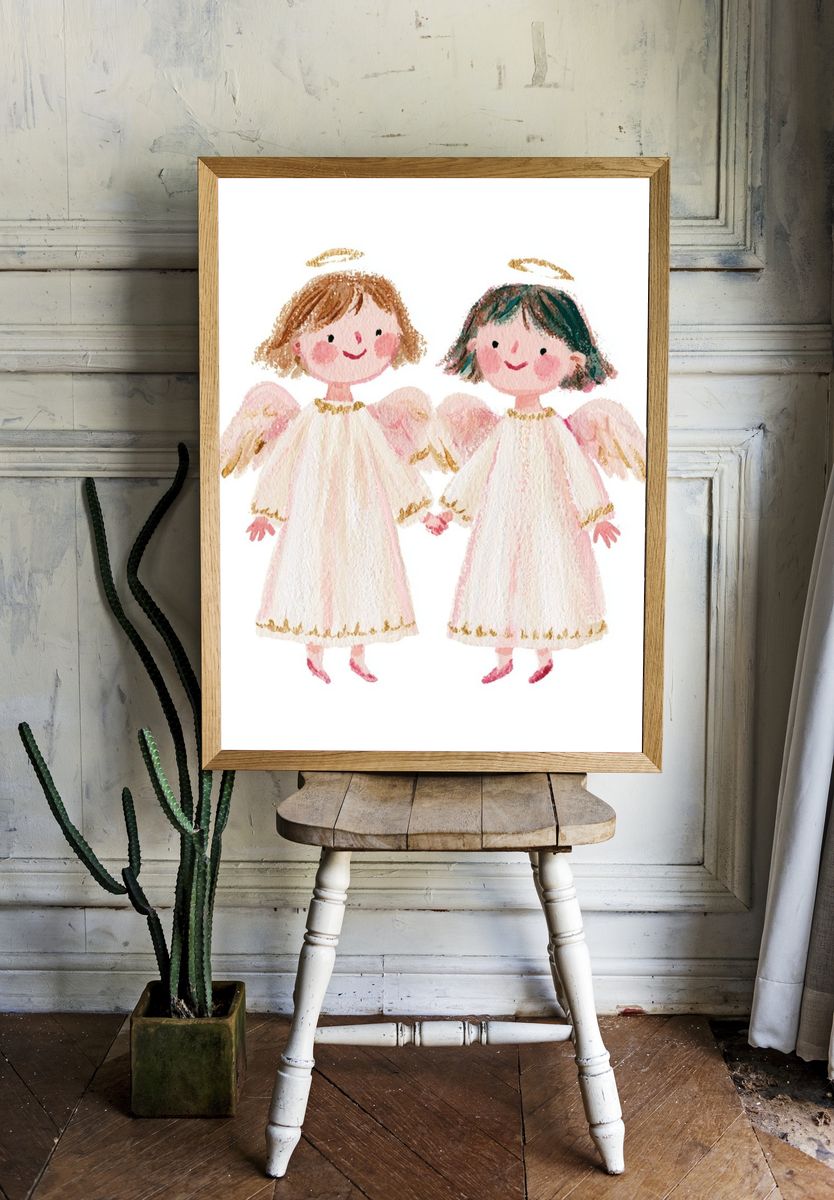 Two Angels Watercolor Print. room preview