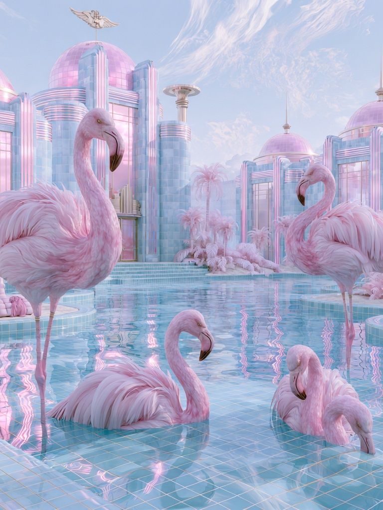 Pink Flamingo Palace Print. poster — illustration art