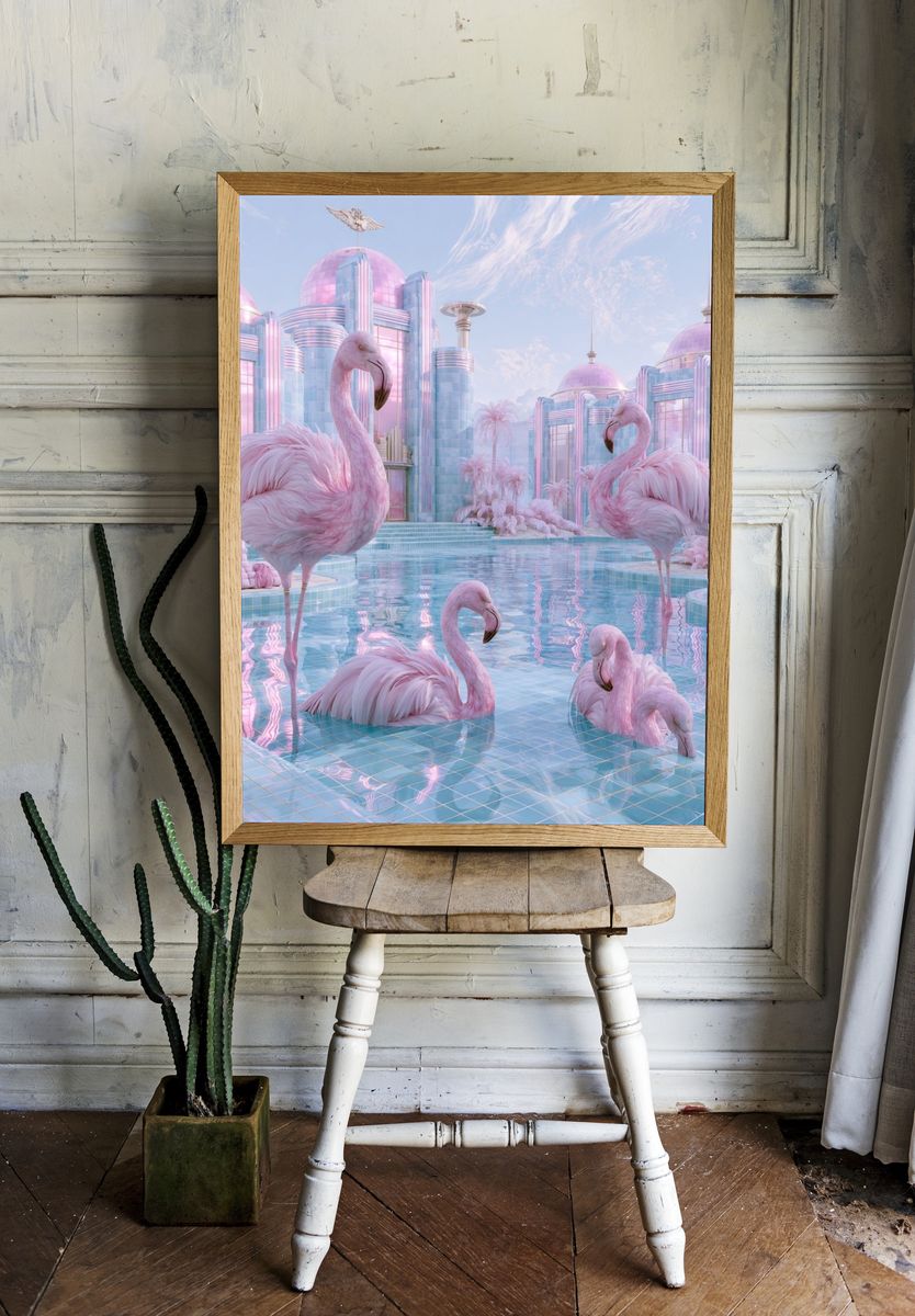 Pink Flamingo Palace Print. room preview