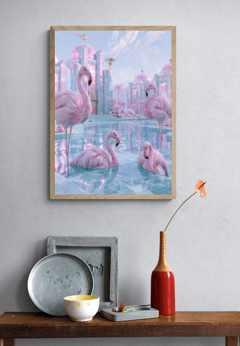 Pink Flamingo Palace Print. — room view 3
