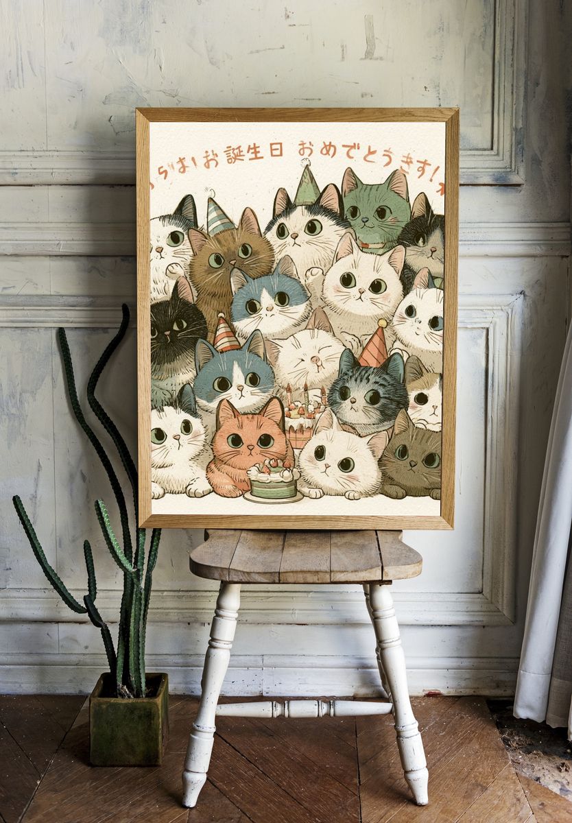 Birthday Cats Illustration Poster. — room view 1