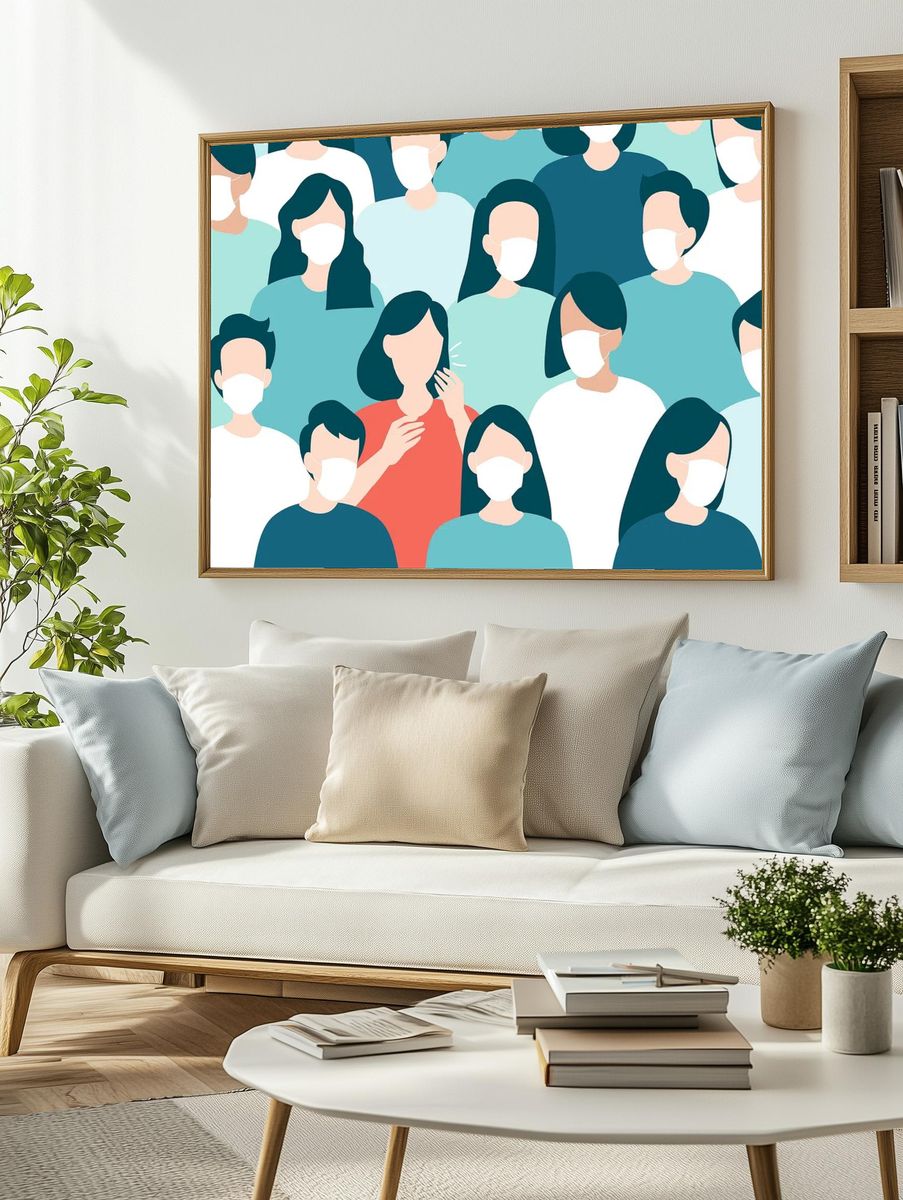 Coughing woman masked crowd covid-19. — room view 2