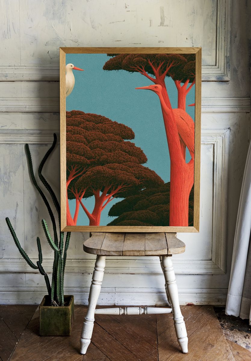 Crane Trees Illustration Poster. — room view 1