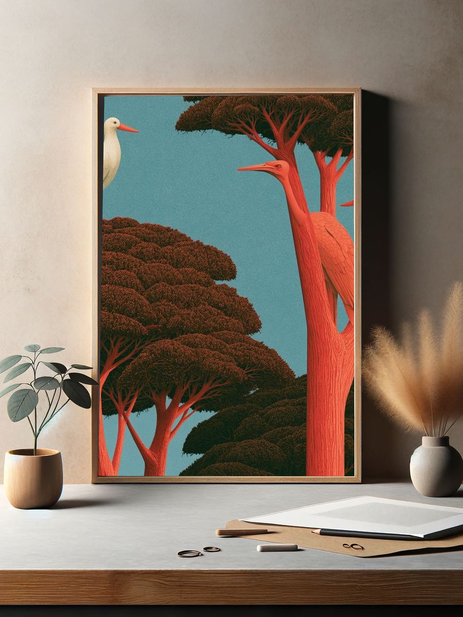 Crane Trees Illustration Poster. — room view 2