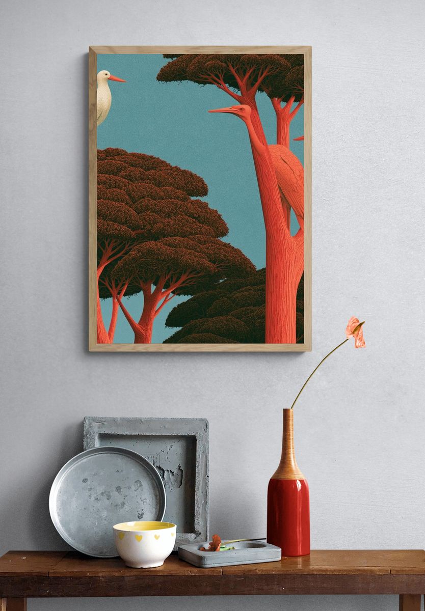 Crane Trees Illustration Poster. — room view 3