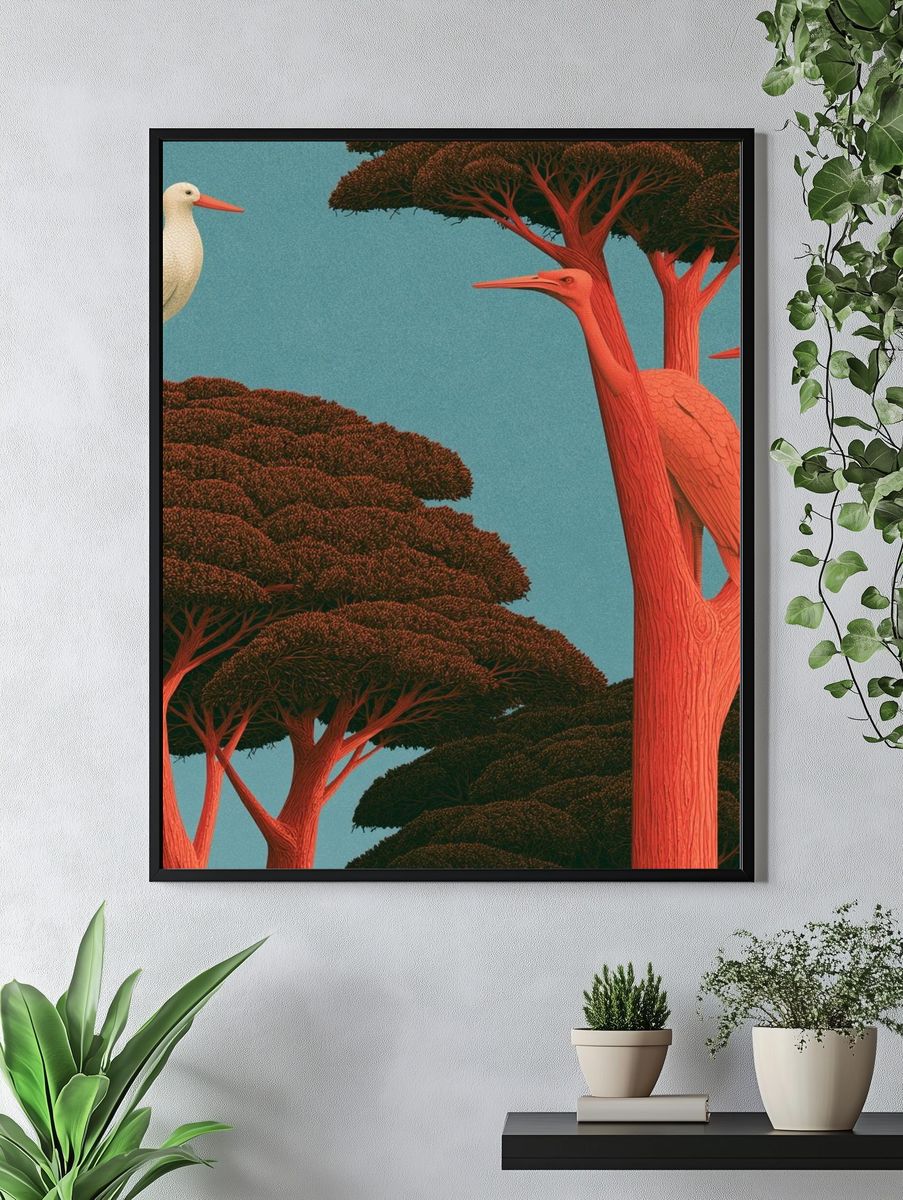 Crane Trees Illustration Poster. — room view 4