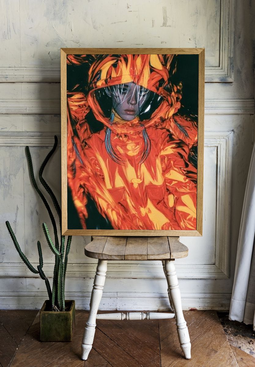 Futuristic Orange Hooded Portrait Print. room preview