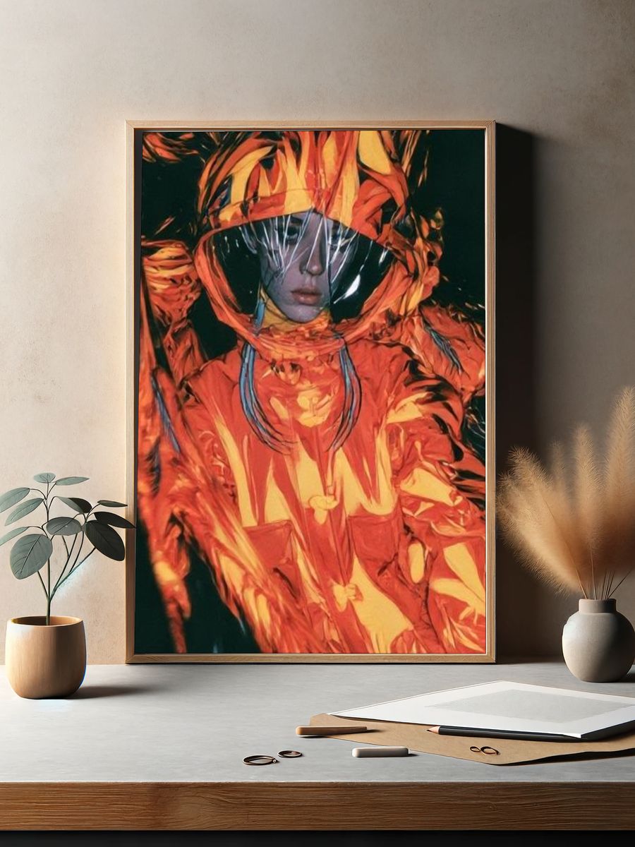 Futuristic Orange Hooded Portrait Print. — room view 2