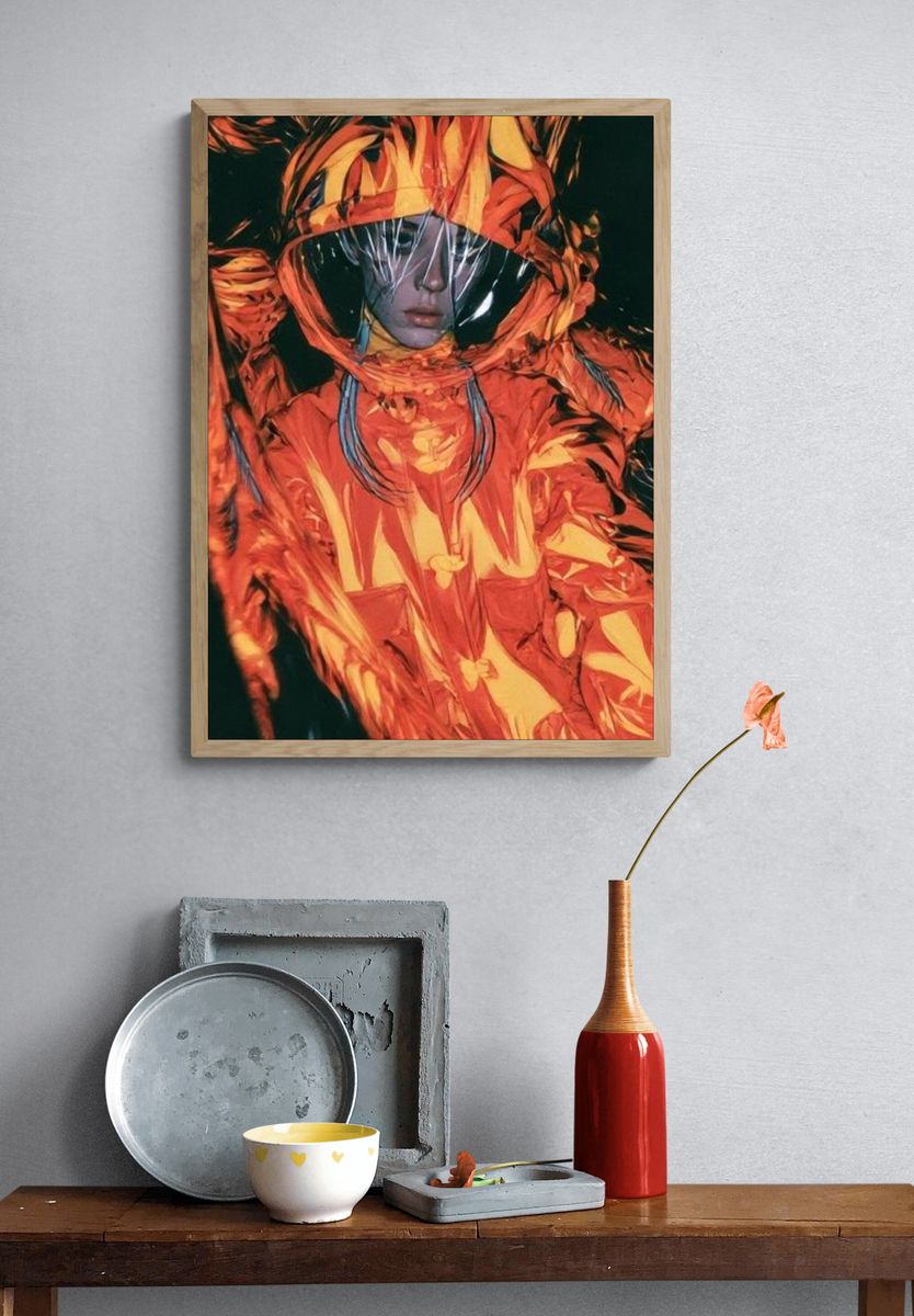 Futuristic Orange Hooded Portrait Print. — room view 3