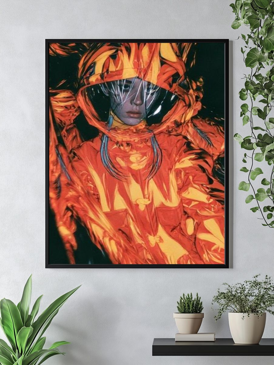 Futuristic Orange Hooded Portrait Print. — room view 4