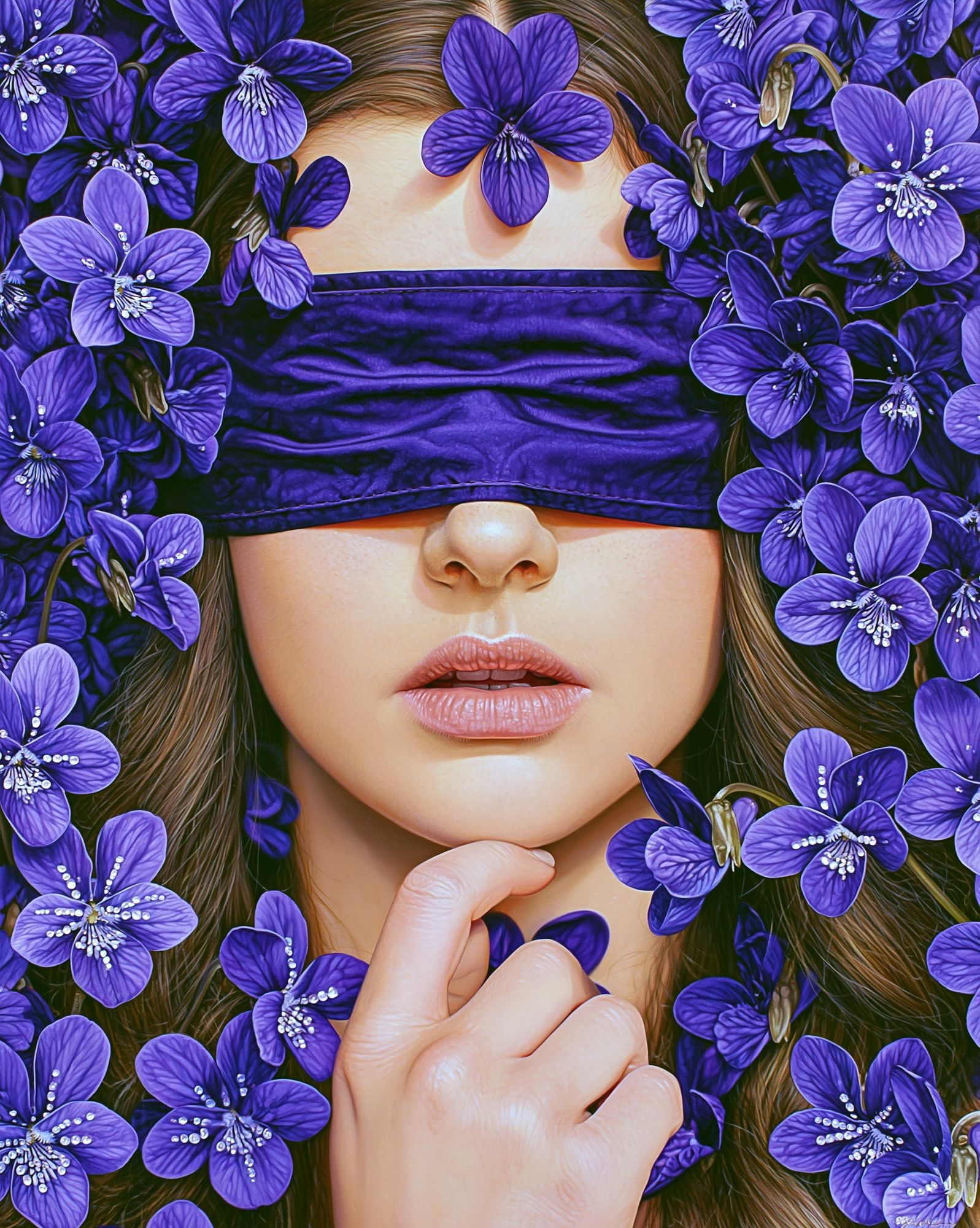 Purple Floral Blindfold Portrait Print. poster detail