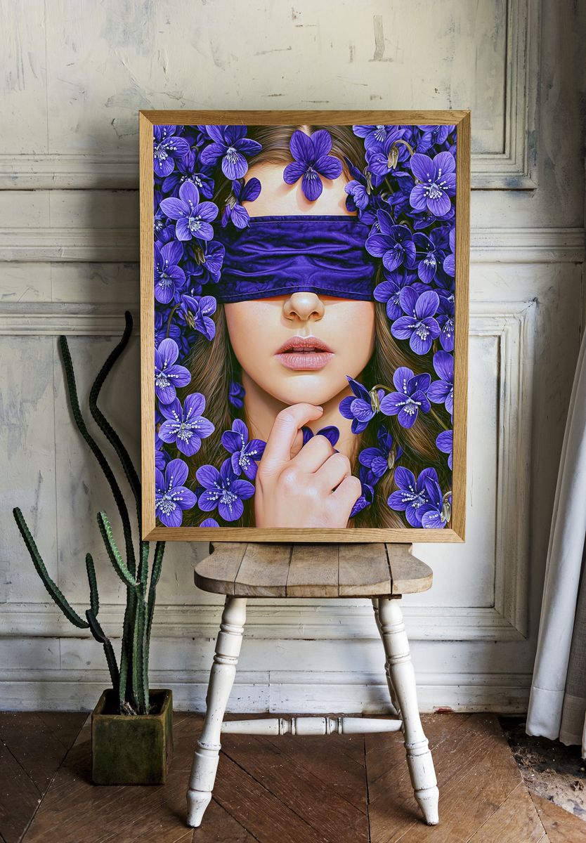 Purple Floral Blindfold Portrait Print. room preview