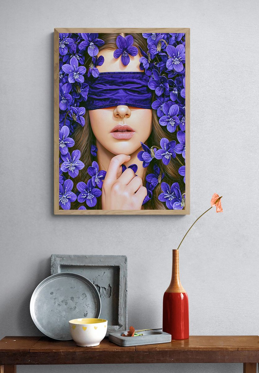 Purple Floral Blindfold Portrait Print. — room view 3