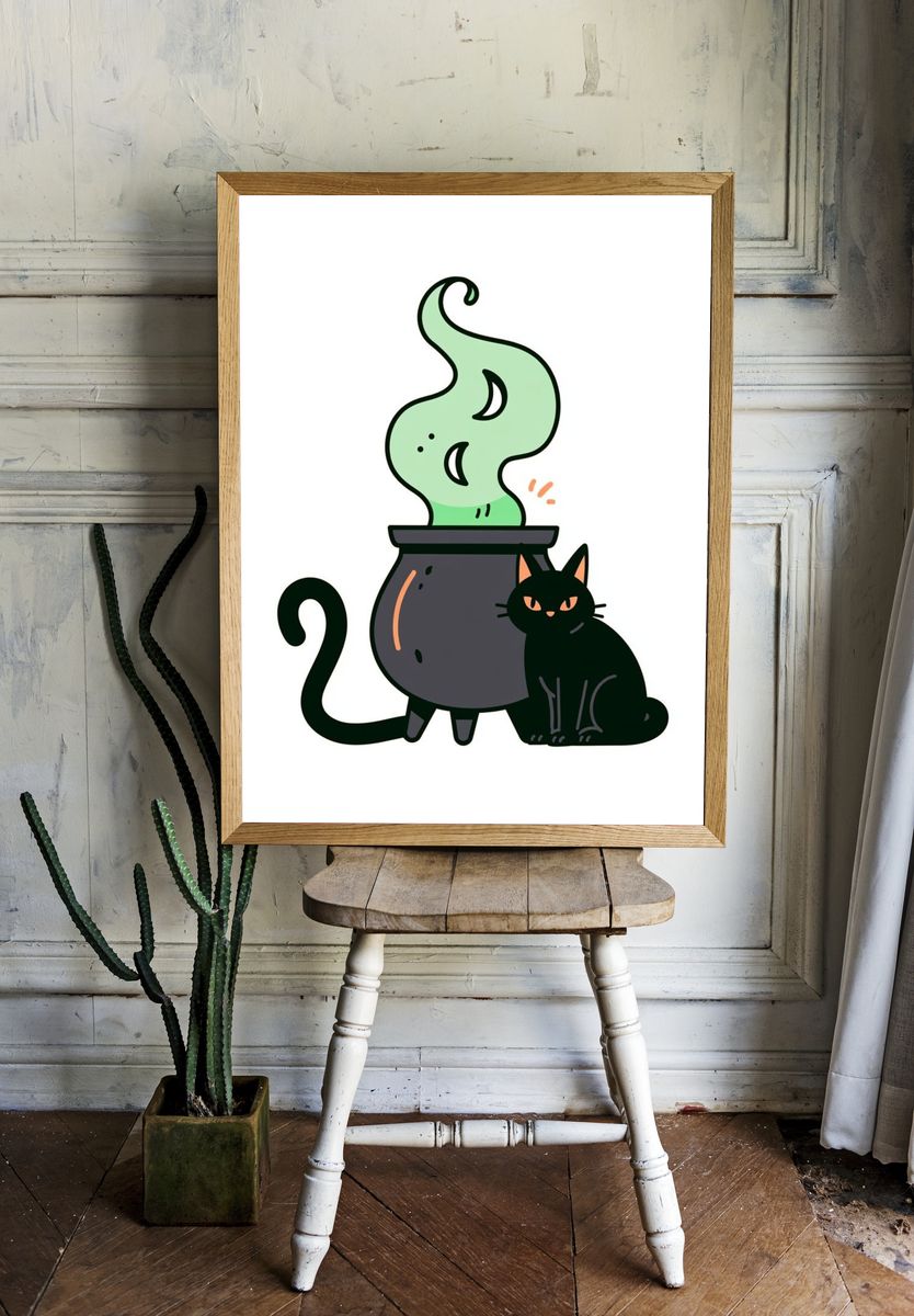 Black Cat Cauldron Illustration Poster. room preview