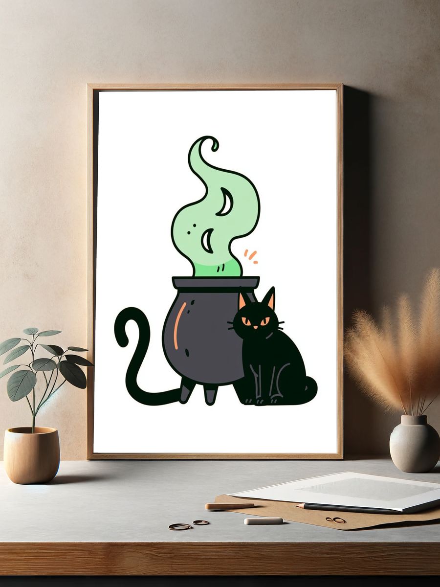 Black Cat Cauldron Illustration Poster. — room view 2