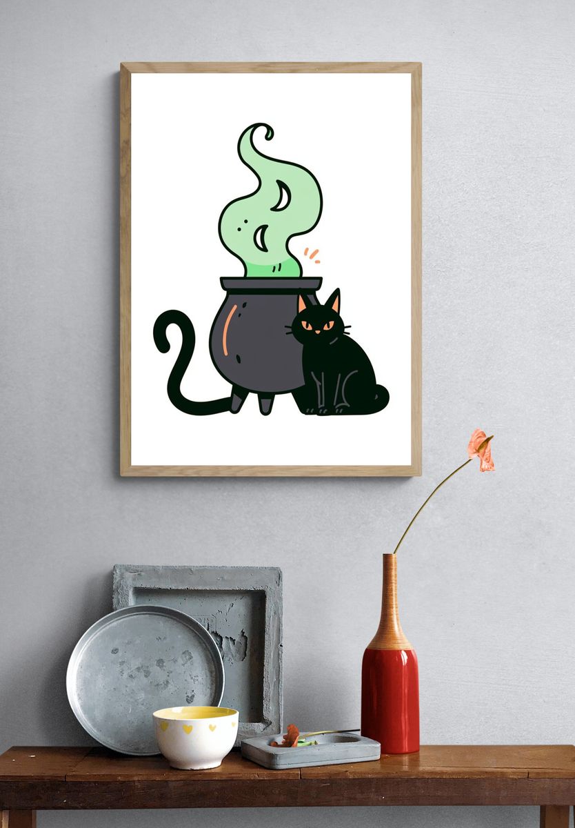 Black Cat Cauldron Illustration Poster. — room view 3