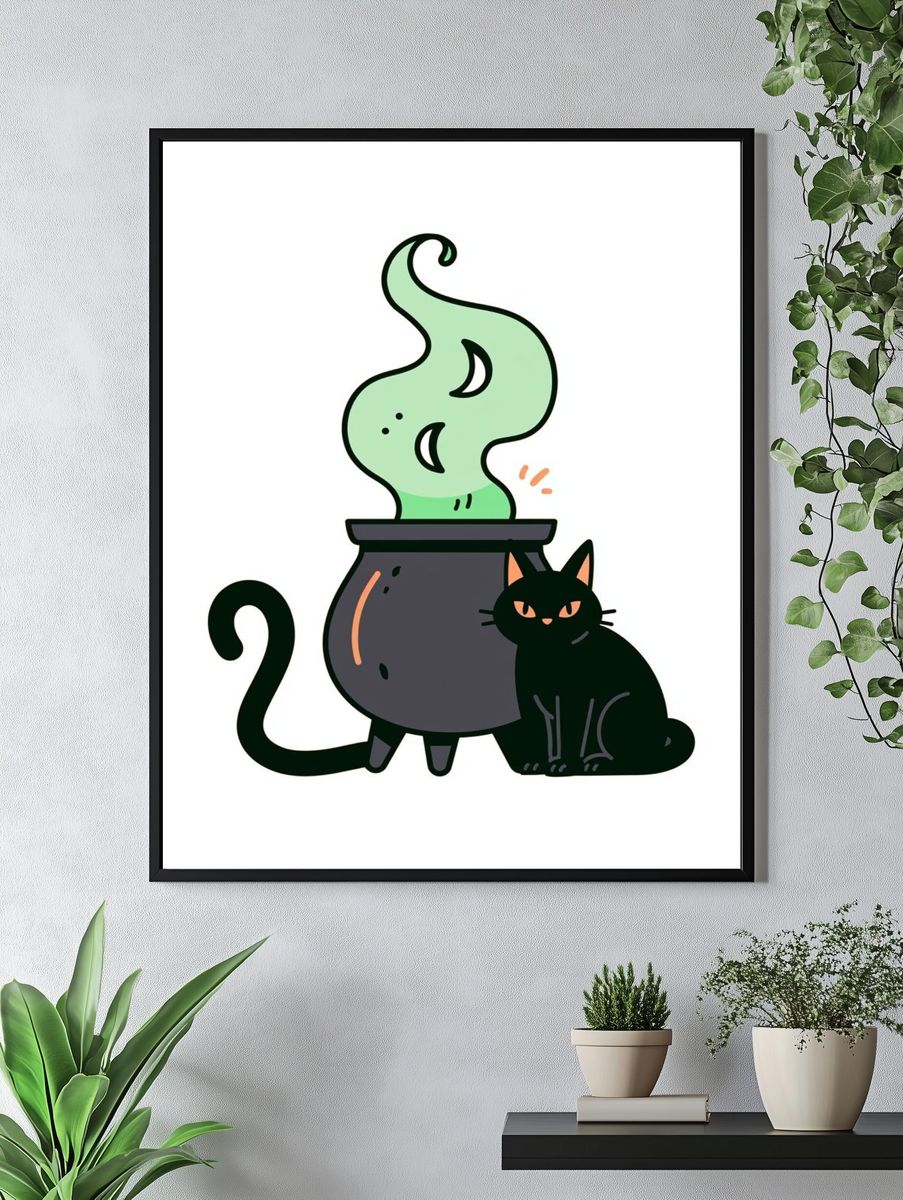 Black Cat Cauldron Illustration Poster. — room view 4