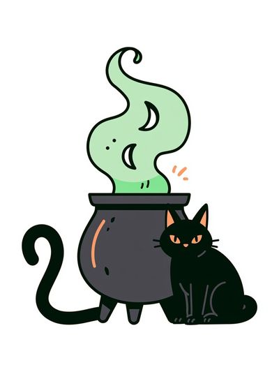 Black Cat Cauldron Illustration Poster. poster