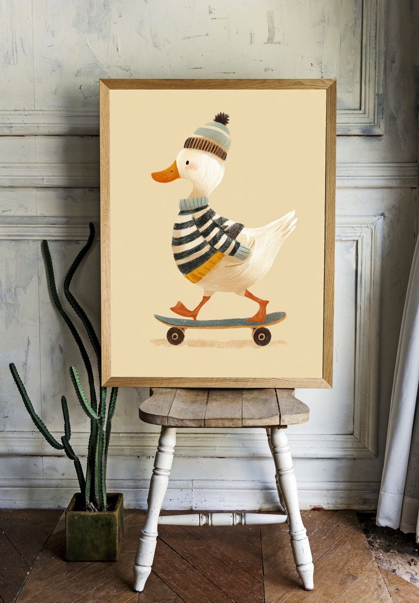 Skateboarding Duck Illustration Poster. room preview
