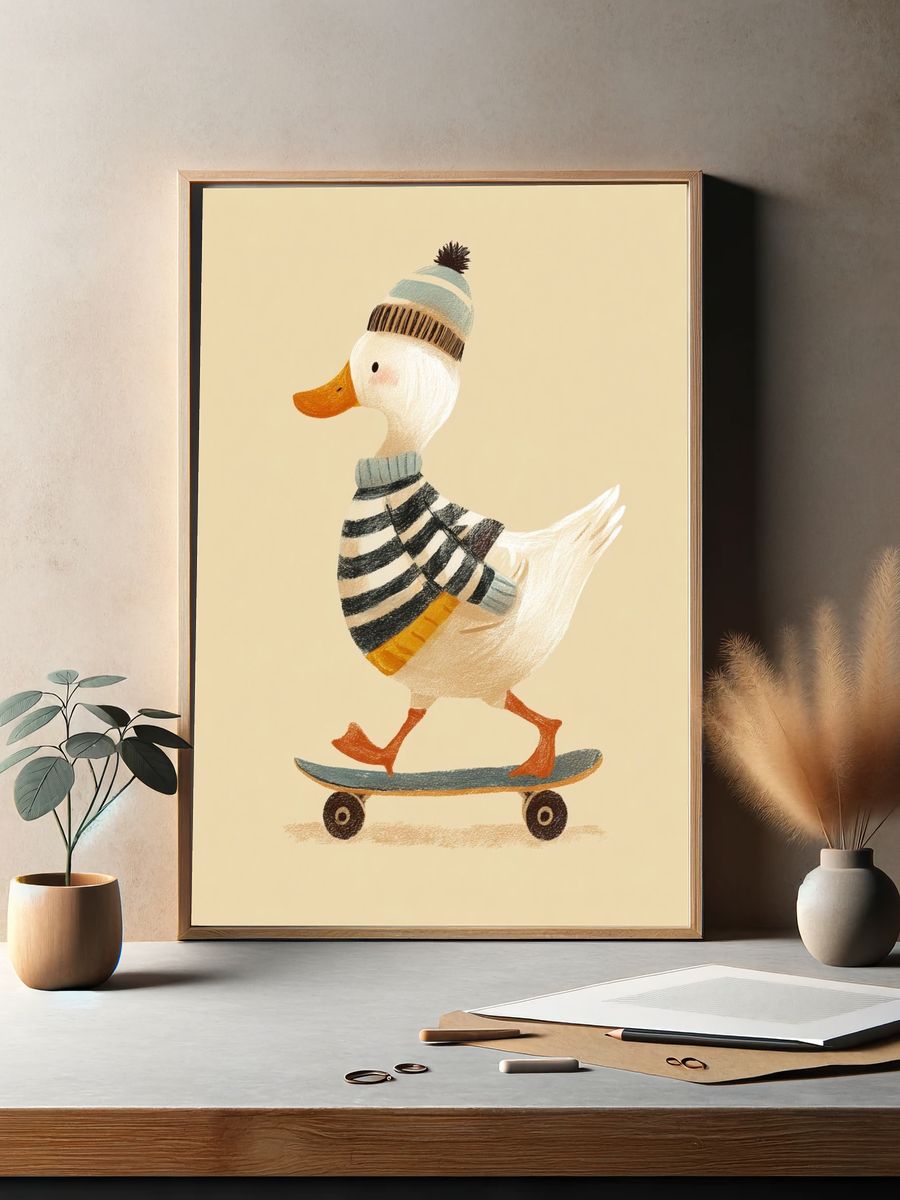 Skateboarding Duck Illustration Poster. — room view 2